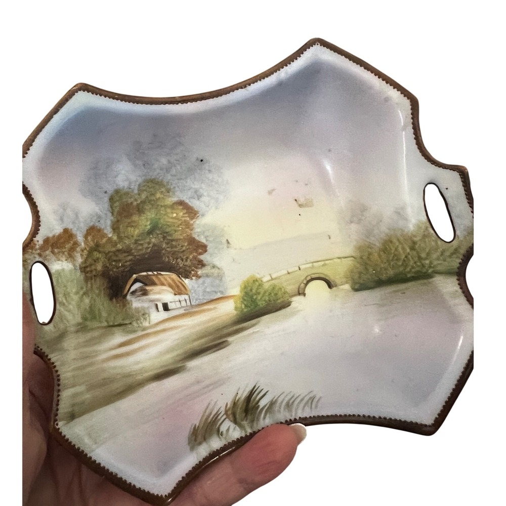 Antique Nippon Hand Painted Porcelain Trinket Dish Landscape Bridge Scene 5.5"